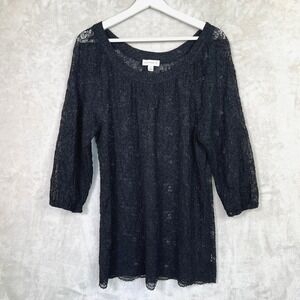 Susan Graver Vintage Style Y2K Sheer Black Lace Romantic Goth XL Long Sleeve Top